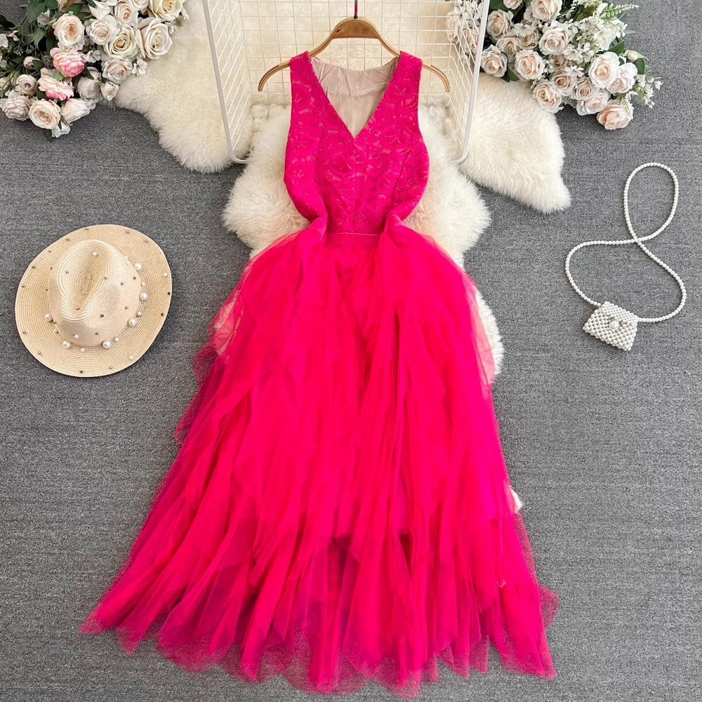 sleeveless V-neck lace A-line mesh dress elegant long dress S4332