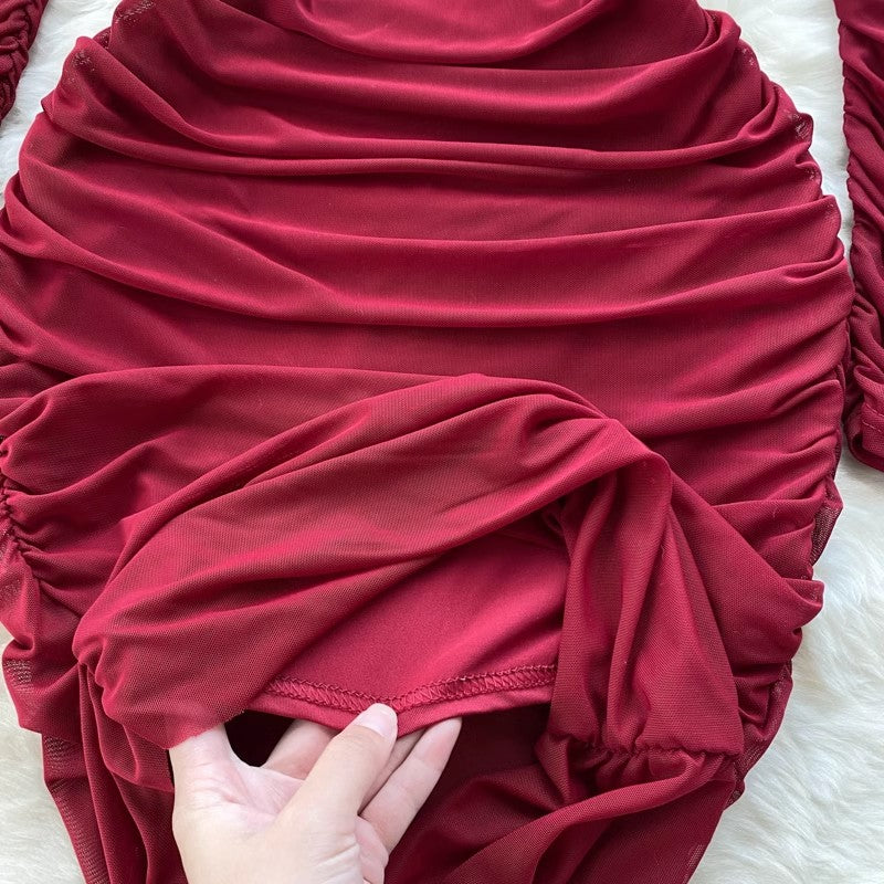 square neck dress hot girl pleated long-sleeved skirt S4571