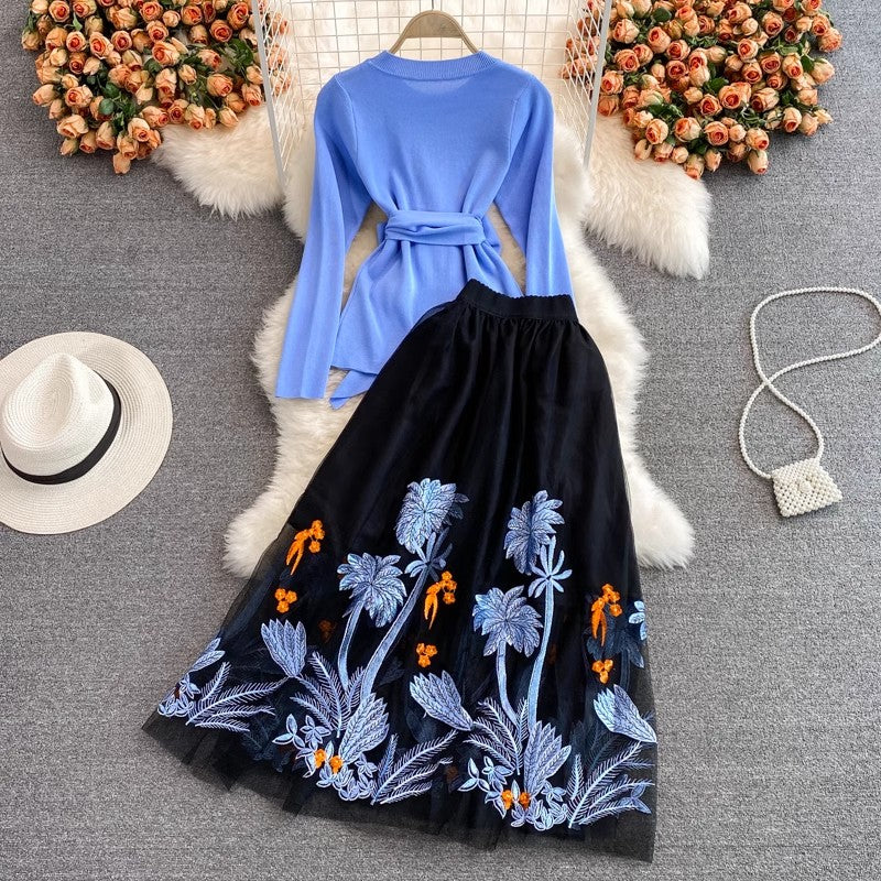 mid-length knee-length mesh embroidered skirt, two-piece suit sweater S4017