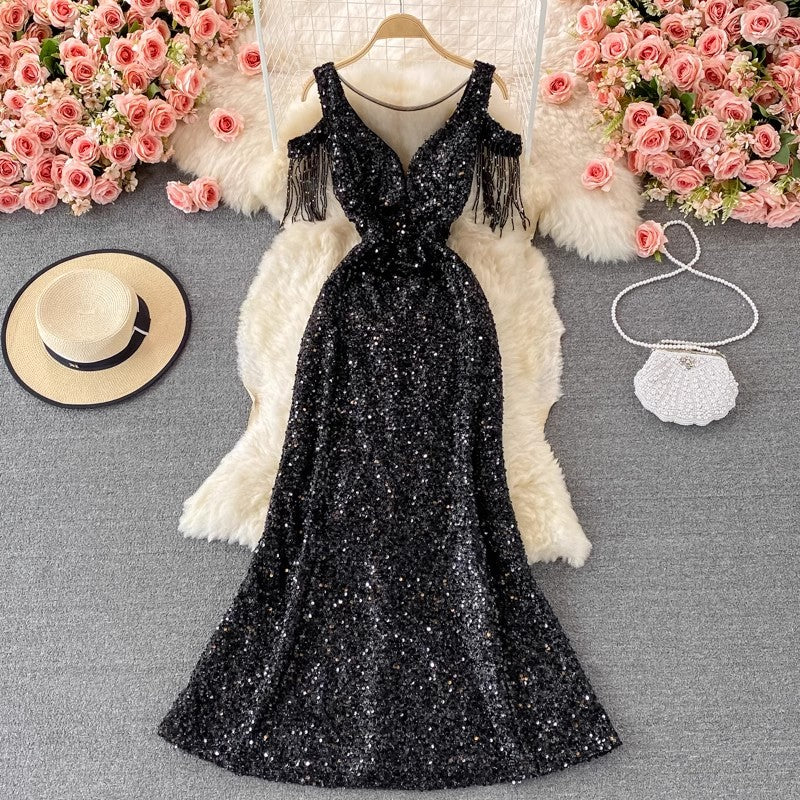 sequined dress V-neck long dress S4239