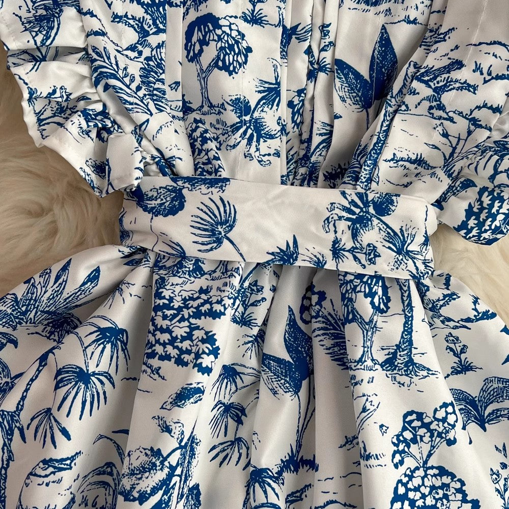 round neck short a line print dress S4147