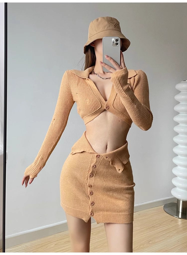 hot girls knitted short cardigan sweater skirt two-piece set S3395