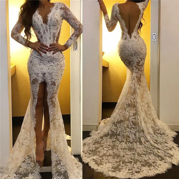 Lace Long Sleeve Prom Dresses with Slit | Elegant Formal Dresses with Court Train S3756