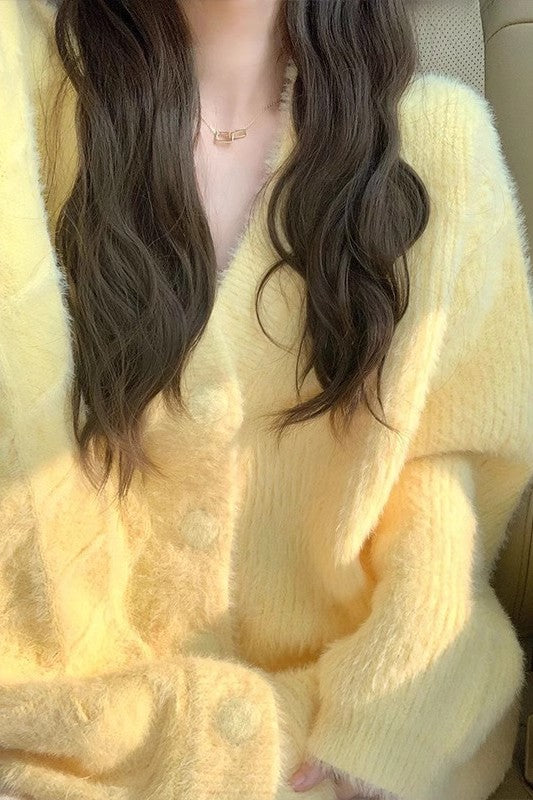 Yellow V-neck knitted cardigan women's sweater jacket tops S3401