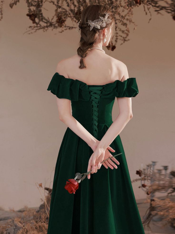 A-Line Off Shoulder Velvet Green Long Prom Dress, Green Formal Evening Dress S3007