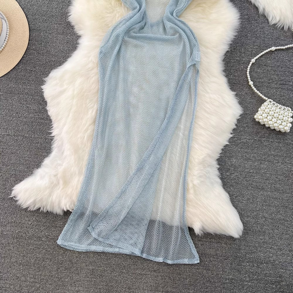 fashionable mid-length slit mesh suspender dress S4213