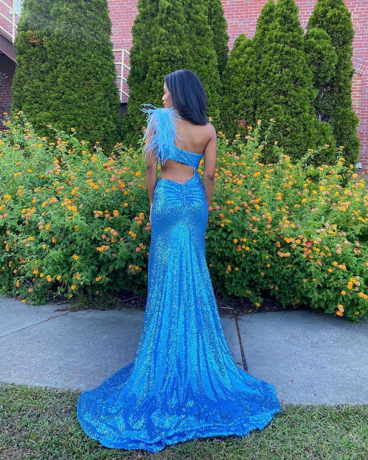 Cute Mermaid One Shoulder Royal Blue Sequins Prom Dresses with Slit S3652