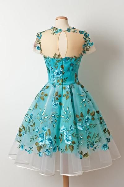 Short Sleeved Sheer Floral Embroidered Short Homecoming Dress, Formal Dress S2755