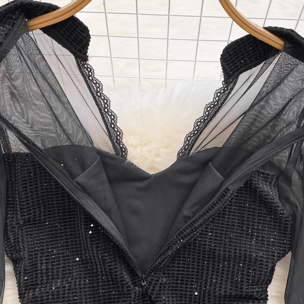 V-neck mesh lantern long-sleeved A-line sequined dress S3920