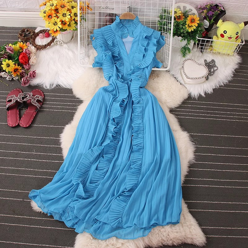 New women's pleated ruffle fashionable V-neck sweet dress S5041