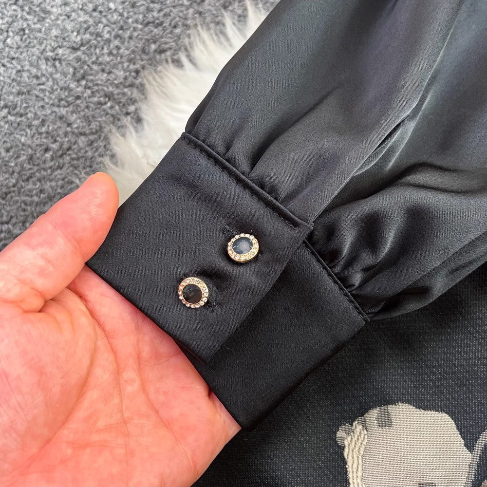 long-sleeved V-neck printed A-line dress elegant long skirt S4146