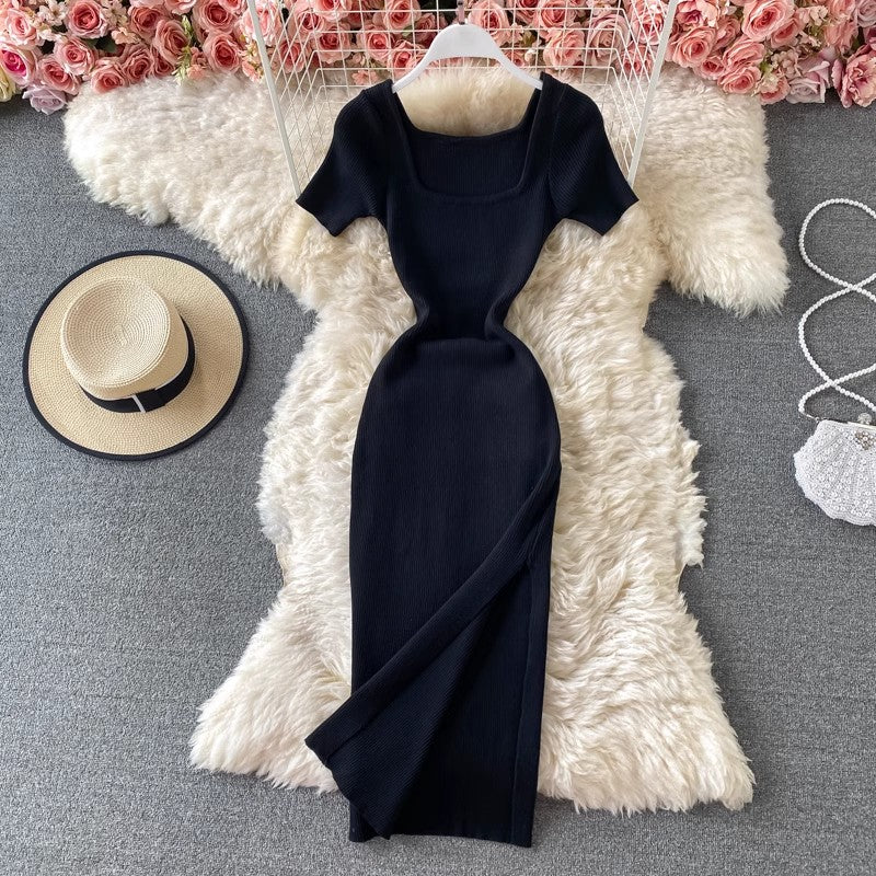 little black dress new style knitted square neck slit dress women's design mid-length skirt S4006