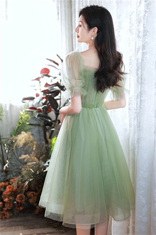 Off the Shoulder Green Tulle Short Sleeves Party Dress S3116