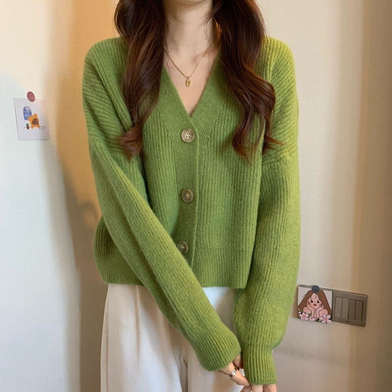 New Shea Green Small Fresh Knitted Cardigan Women's Design Sense Fashion Versatile Sweater Coat Women Sweater S2773
