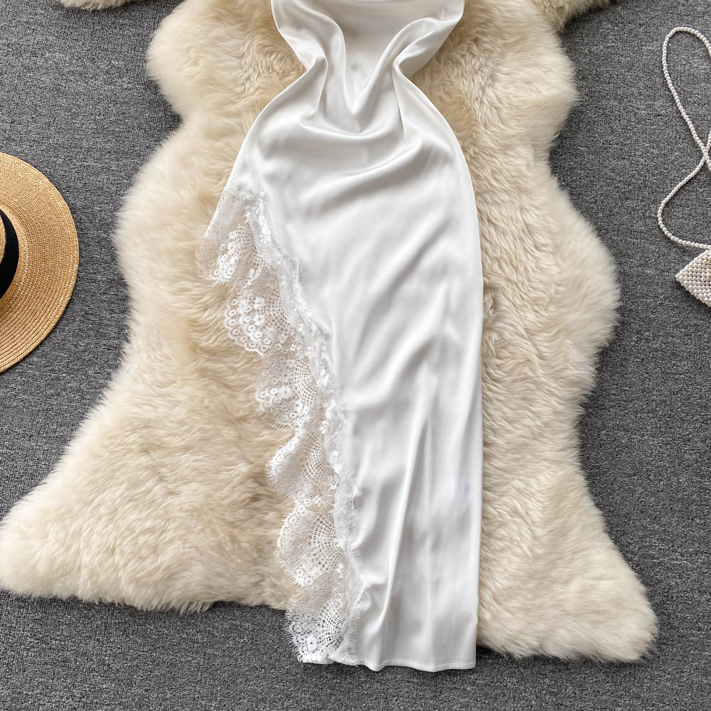 Satin Lace Slit Irregular Dress S4383