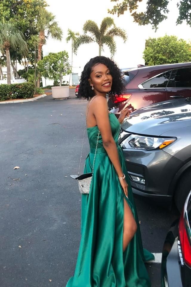 Hunter Green Satin Prom Dresses,Strapless Maxi Long Dress with Side Slit S3748