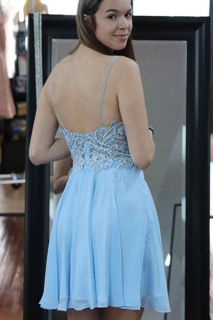 Spaghetti Straps Light Blue A-line Short Homecoming Dress S3215
