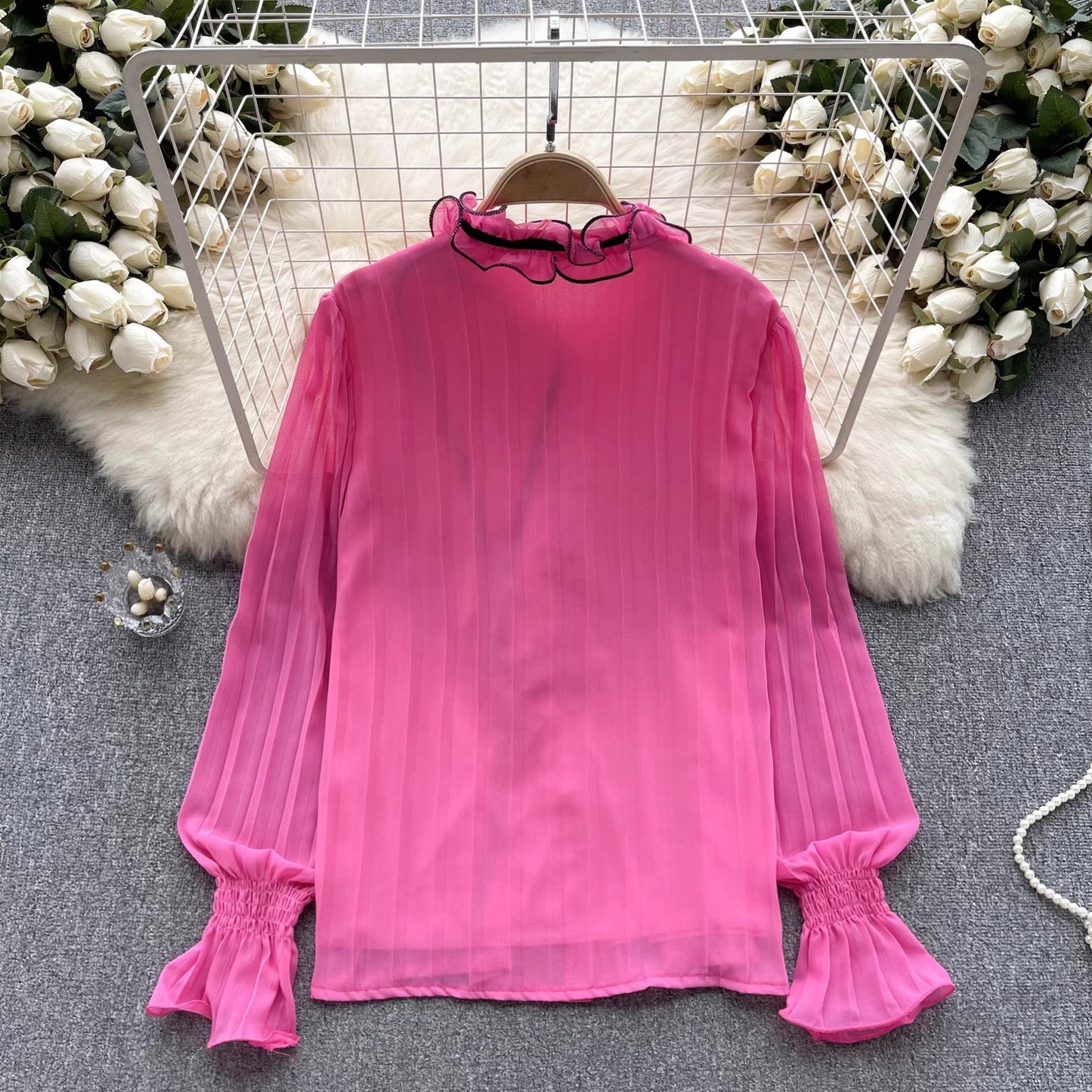 Chiffon shirt new women's long-sleeved tops pleated bell-sleeved shirt for women S4635