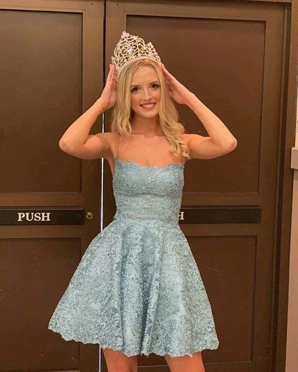 Light blue homecoming dresses,spaghetti straps mini prom dresses,applique a-line back to school dress S3166