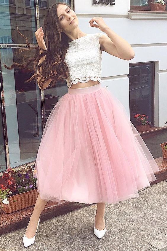 2023 Two-Piece Homecoming Dresses Bateau A Line Tulle & Lace Tea Dress S3123