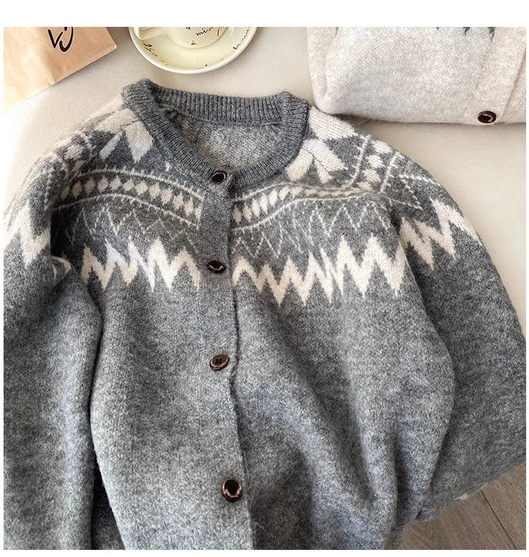 Designed round neck sweater jacket for women jacquard long-sleeved cardigan top trendy S4888