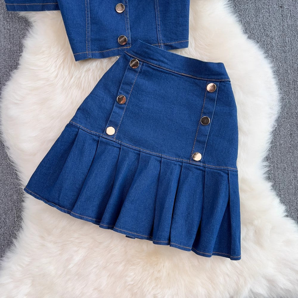 Fashion suit for women hot girl square neck puff short-sleeved denim shirt two-piece set S4100