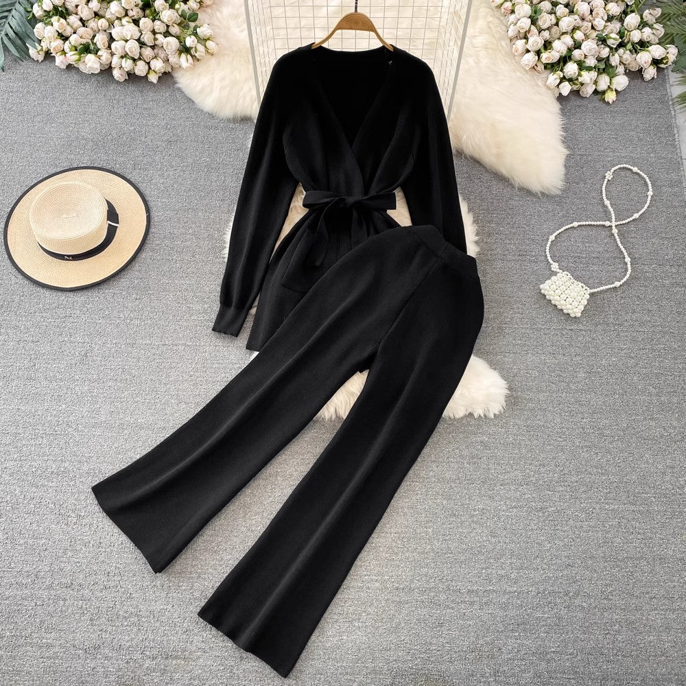 Fashion set V-neck knitted top two-piece set pants S4195