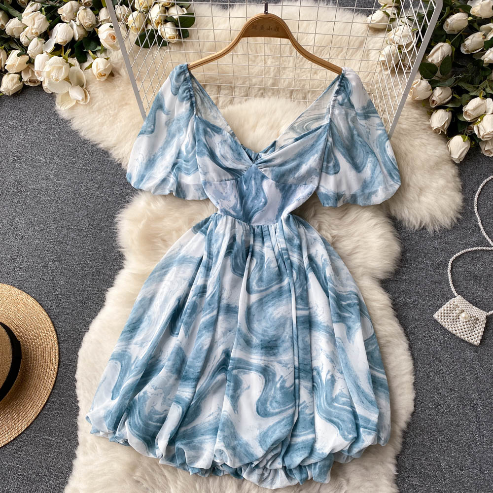 Vintage V-neck Puff Sleeve Dress Puffy A-line Dress S4471