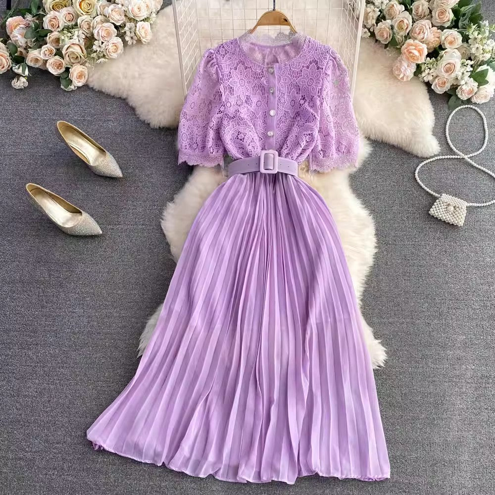 short-sleeved round-neck lace pleated dress elegant long skirt S4312