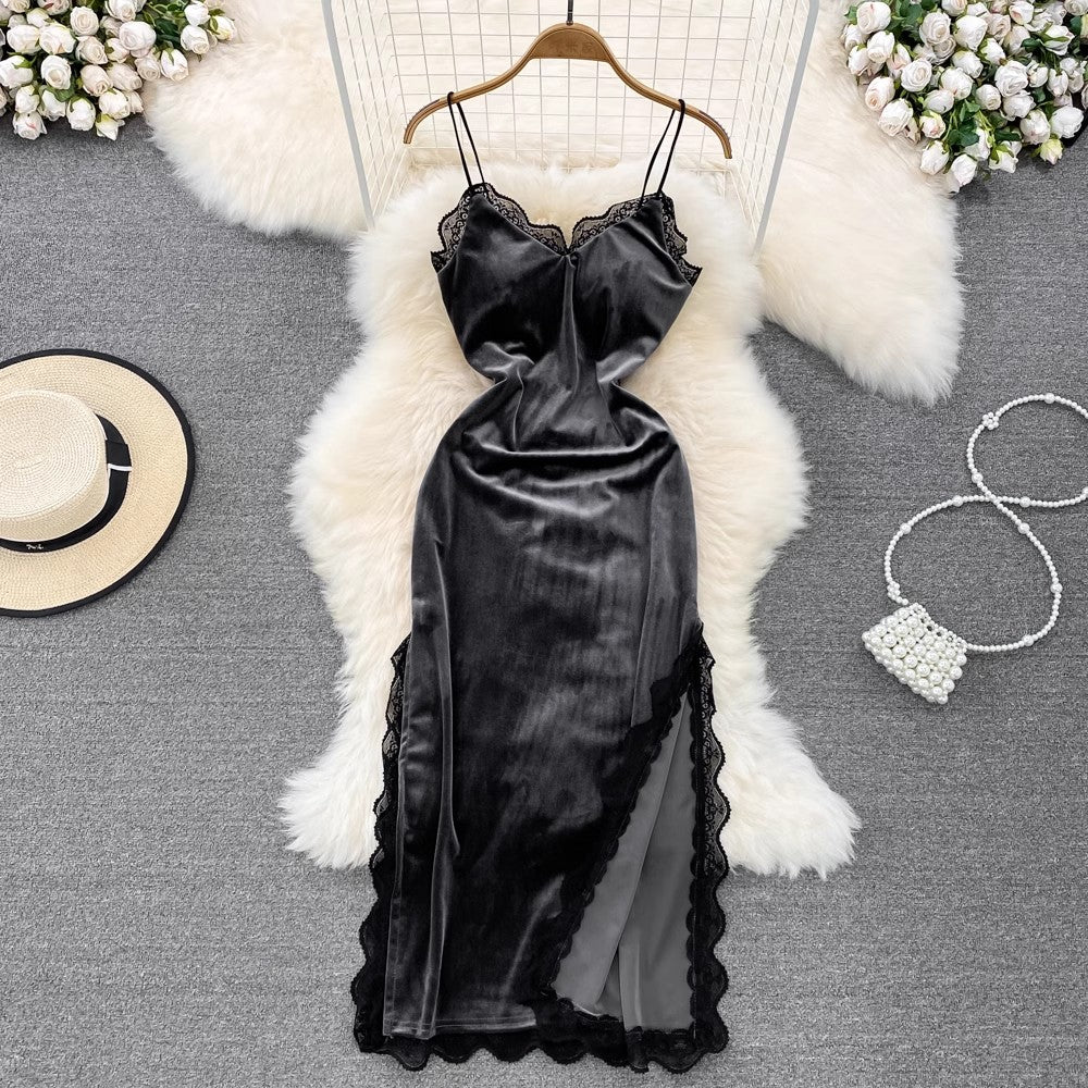 sexy side slit velvet dress S3925