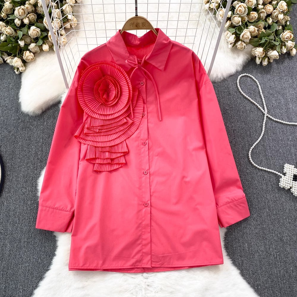 floral long-sleeved solid color shirt casual top S4117