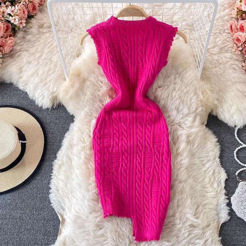Irregular Sleeveless Vest Knitted Dress Round Neck Sweater Skirt Women S4302