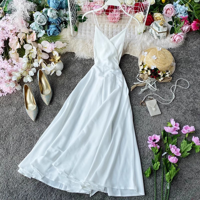 long dress with straps and backless solid color mid-length dress for women S4201