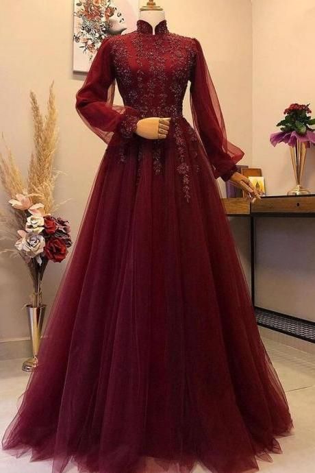 A Line Wine Red Long Evening Dresses Full Sleeve Formal Dress S3582