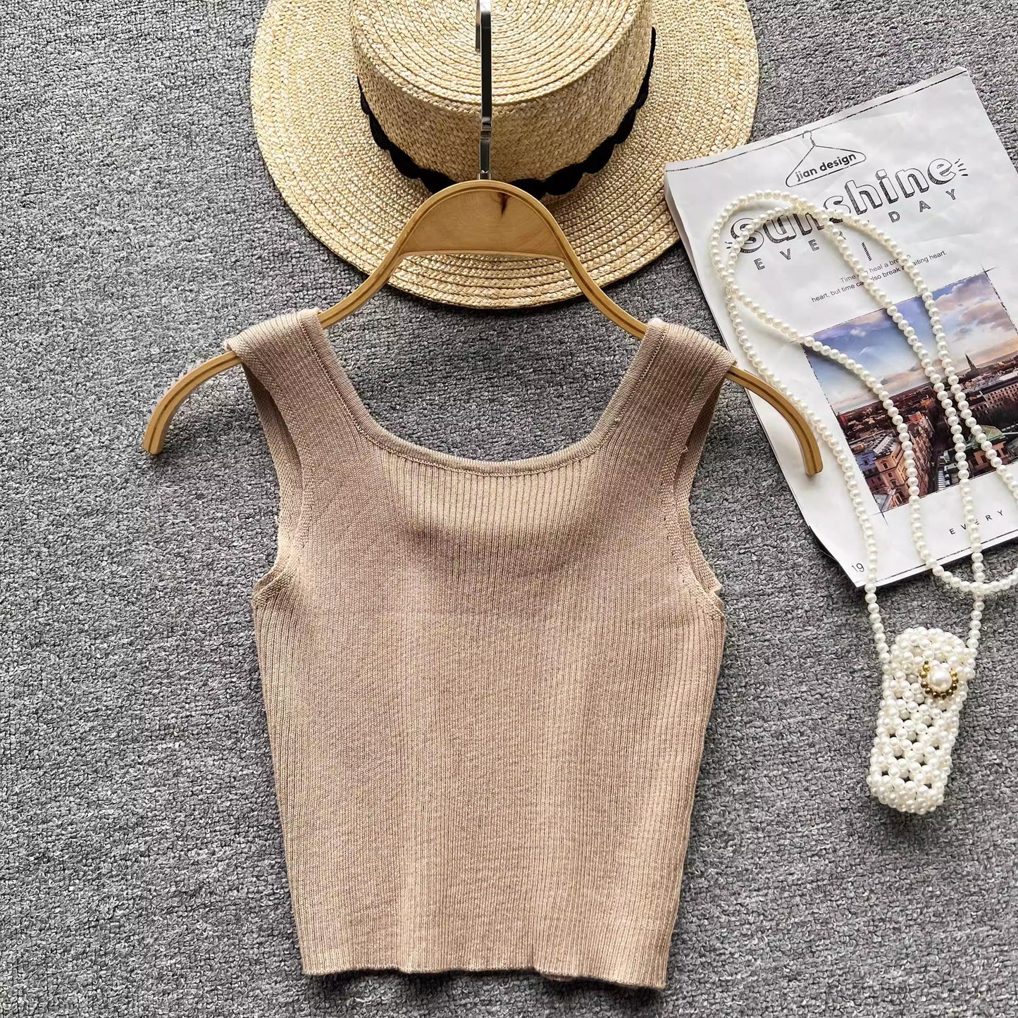 Square neck sleeveless beaded pleatedfor women knitted chic top S4622