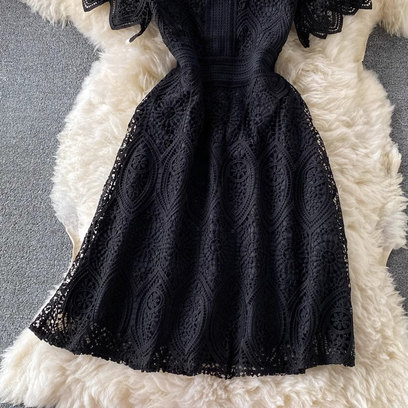 new women's fashion dress round neck short-sleeved lace skirt S3893