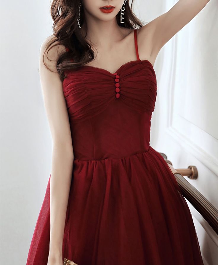 Simple Sweetheart Tulle Short Prom Dress, Burgundy Cocktail Dress S2934