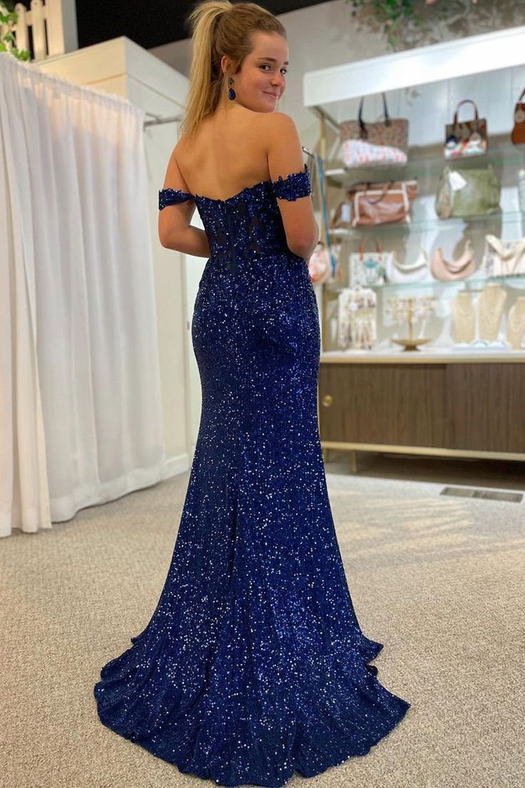 Sparkly Navy Corset Mermaid Sequins Long Prom Dress with Slit S3686