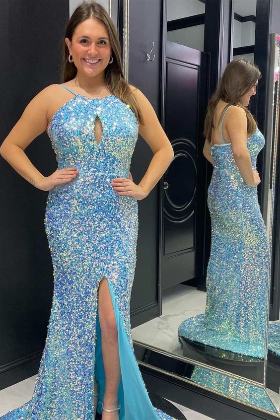 Blue Iridescent Sequin Keyhole Mermaid Long Prom Dress with Slit S3635