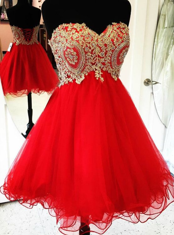 Red School Homecoming Dresses Sweetheart Gold Applique S3333