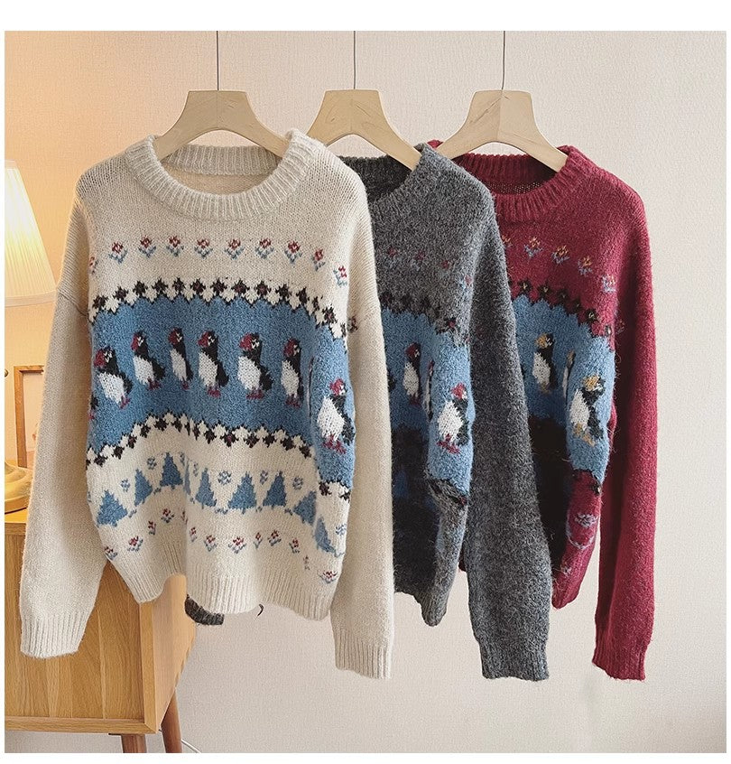 vintage style jacquard round neck sweater for women long-sleeved sweater trendy S4802