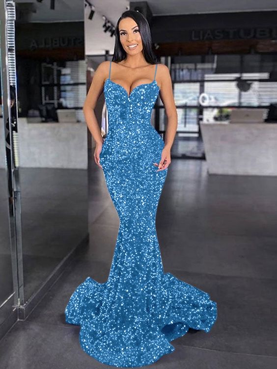 Beautiful Spaghetti Strap V-neck Split Front Mermaid Prom Dress S3822