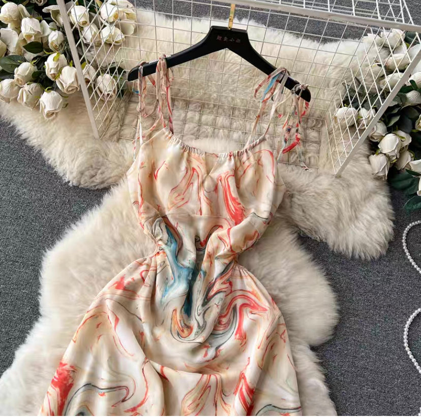 Tie Dye Printed Dress, Halter Dress, Waist Slimming Chiffon Holiday Dress S4481