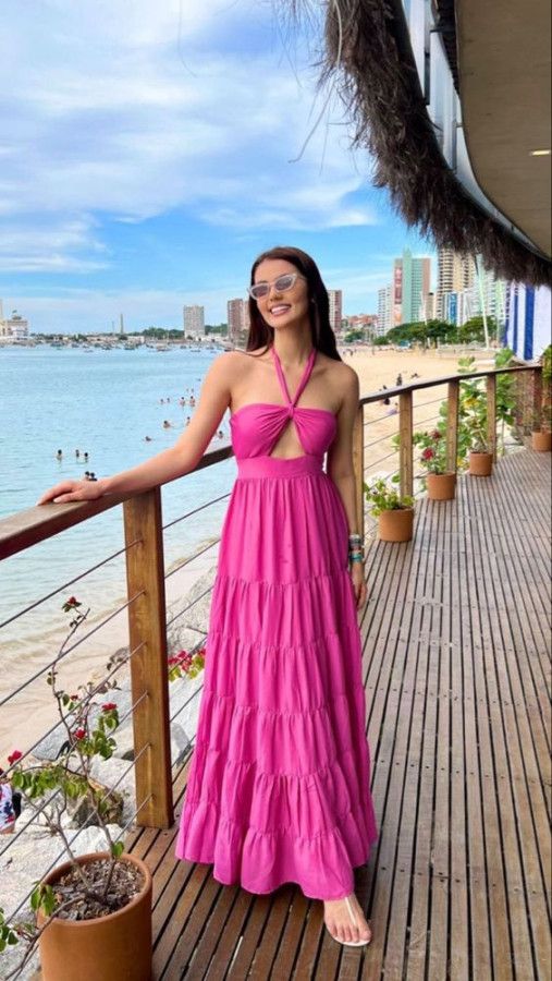Hot Pink Halter Sleeveless Party Gown Long Prom Dress S3601