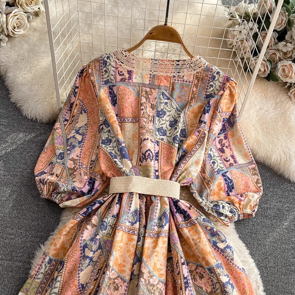 short-sleeved V-neck mid-length a-line printed dress S4291