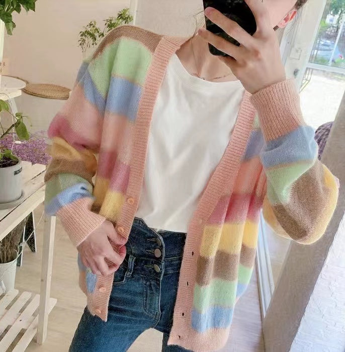 Rainbow, Stripe, Wavy Agaric Lace V-neck Sweater, Blazer Cardigan S4364