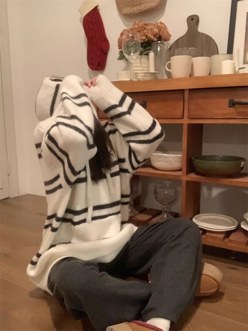 striped hooded knitted sweater S4790