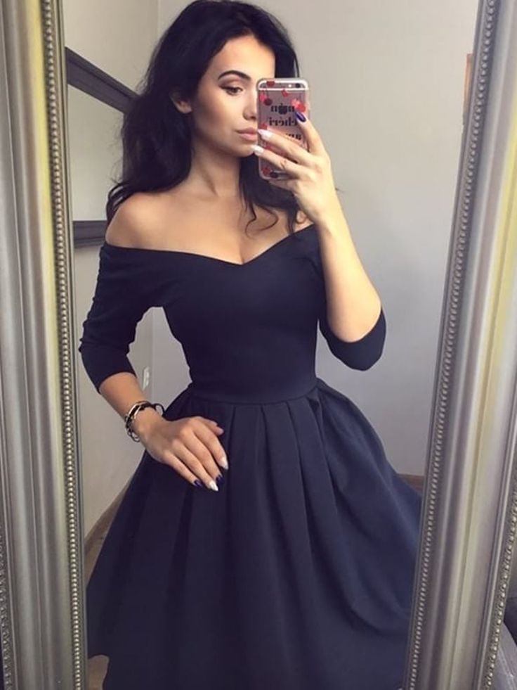 V Neck 3/4 Sleeves Short Black Prom Dresses, Short Black Formal Homecoming Dresses S2941