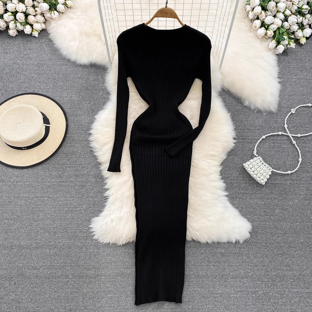 long-sleeved round neck knitted dress sweater skirt S4197