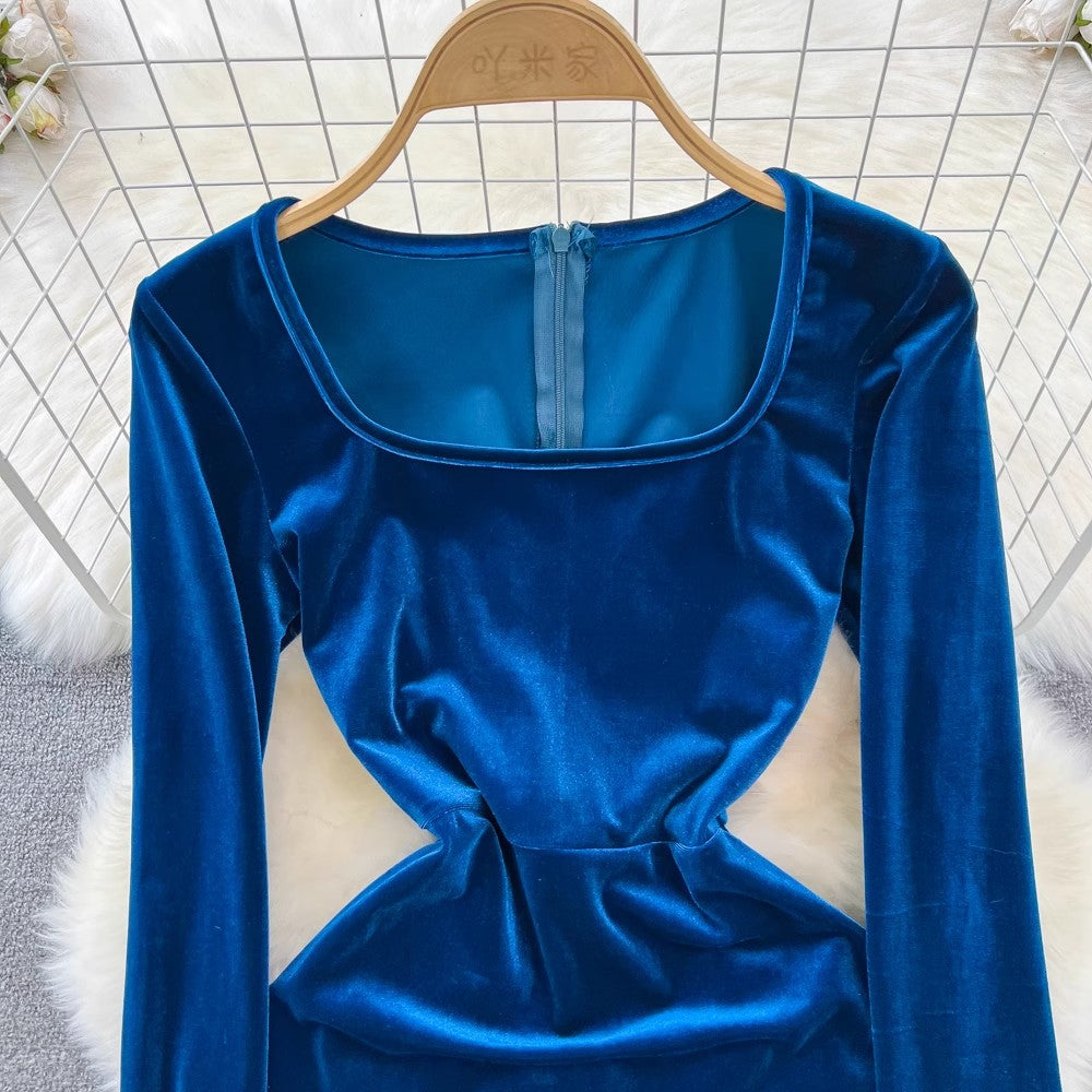 long-sleeved square neck mid-length velvet dress for women S4265